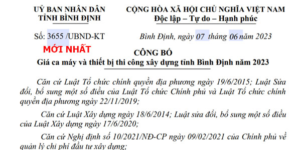 Bảng giá ca máy tỉnh bình định năm 2023 công bố 3655/ubnd-kt