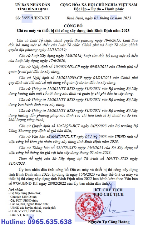 công bố 3655/ubnd-kt bảng giá ca máy bình định 2023