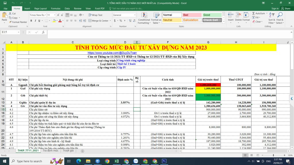 file excel tính tổng mức đầu tư năm 2023