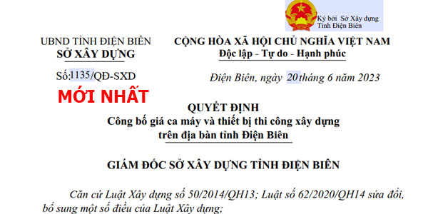 Bảng giá ca máy tỉnh Điện Biên năm 2023 Quyết định 1135/QĐ-SXD