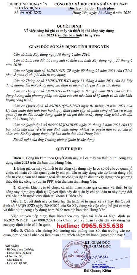 Bảng giá ca máy tỉnh Hưng Yên năm 2023