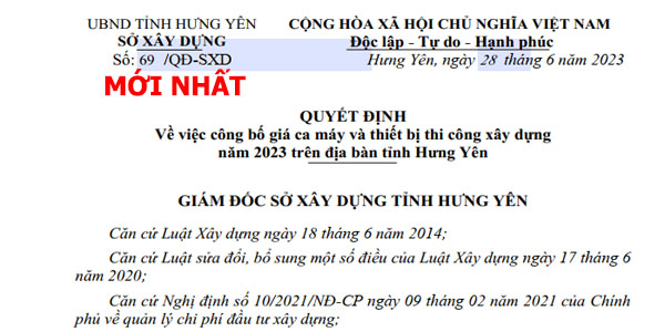 Quyết định 69/QĐ-SXD bảng giá ca máy Hưng Yên năm 2023