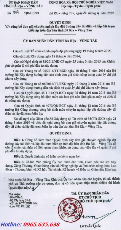 Đơn giá lắp đặt đường dây tải điện trạm biến áp Bà Rịa Vũng Tàu