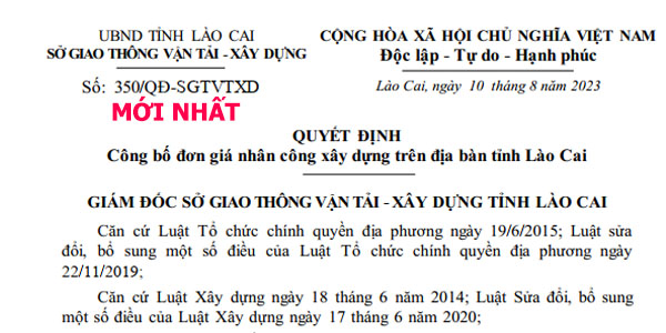 quyết định 350 đơn giá nhân công lào cai năm 2023