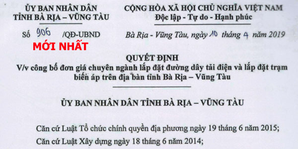 quyết định 906/qđ-ubnd đơn giá điện bà rịa vũng tàu