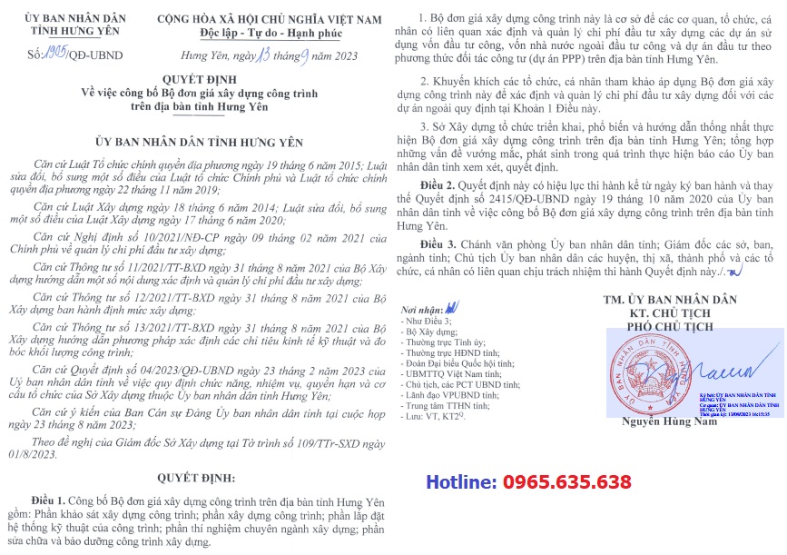 đơn giá xây dựng tỉnh Hưng yên năm 2023