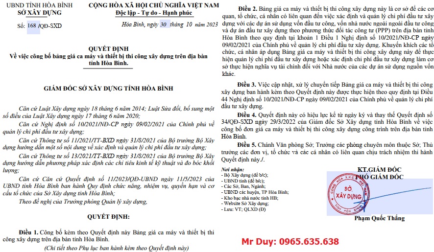 Quyết định 168/QĐ-SXD Bảng giá ca máy tỉnh Hòa Bình năm 2023