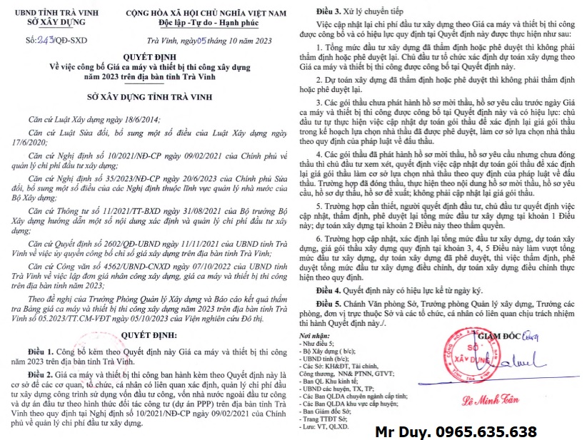 quyết định 243/QĐ-SXD Bảng giá ca máy tỉnh Trà Vinh năm 2023