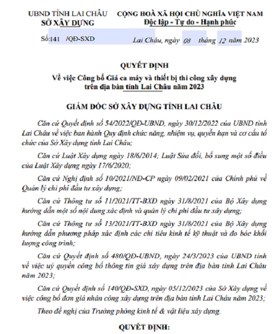 Quyết định 141/QĐ-SXD Bảng giá ca máy tỉnh Lai Châu