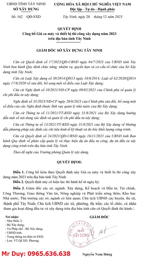 Quyết định 162/QĐ-SXD Bảng giá ca máy tỉnh Tây Ninh năm 2024