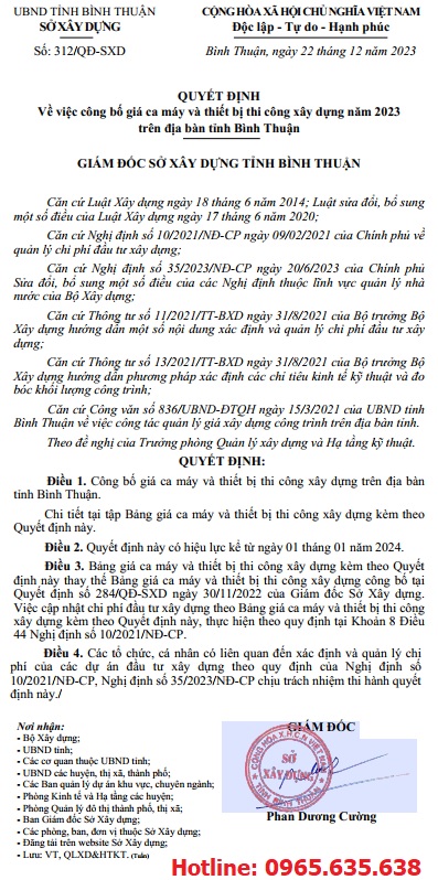 Quyết định 312/QĐ-SXD Bảng giá ca máy tỉnh Bình Thuận năm 2024