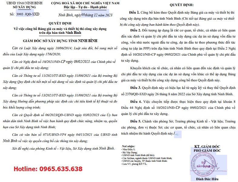 Quyết định 3993/QĐ-SXD Bảng giá ca máy tỉnh Ninh Bình