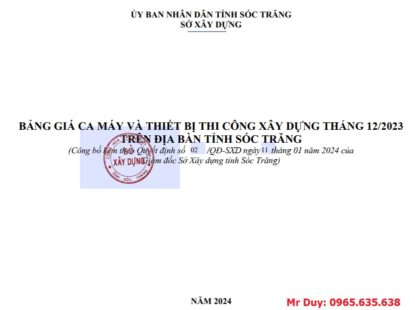Quyết định 02/QĐ-SXD Bảng giá ca máy tỉnh Sóc Trăng năm 2024
