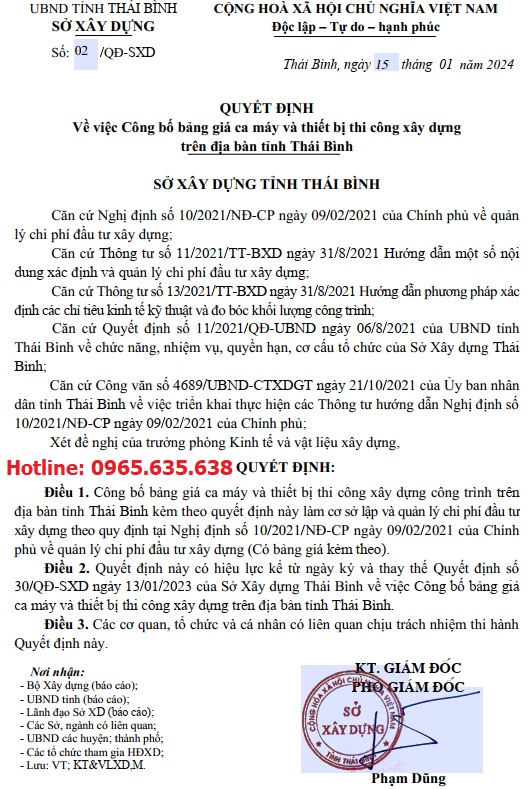 Quyết định 02/QĐ-SXD Bảng giá ca máy tỉnh Thái Bình năm 2024