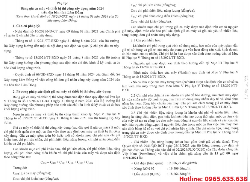 Quyết định 10/QĐ-SXD Bảng giá ca máy tỉnh Lâm Đồng năm 2024