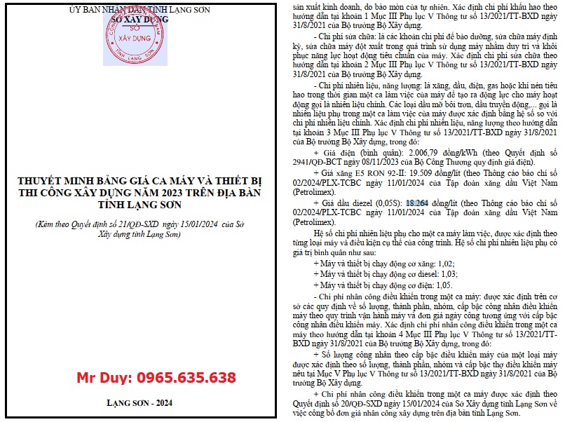 Quyết định 21/QĐ-SXD Bảng giá ca máy tỉnh Lạng Sơn năm 2024