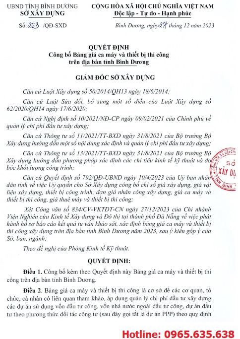 Quyết định 263/QĐ-SXD Bảng giá ca máy tỉnh Bình Dương năm 2024 