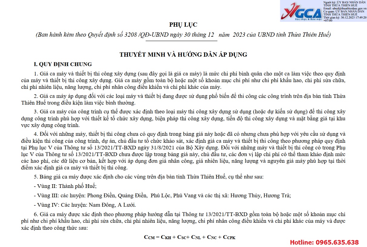 Bảng giá ca máy tỉnh Thừa Thiên Huế năm 2024 Quyết định 3208/QĐ-UBND