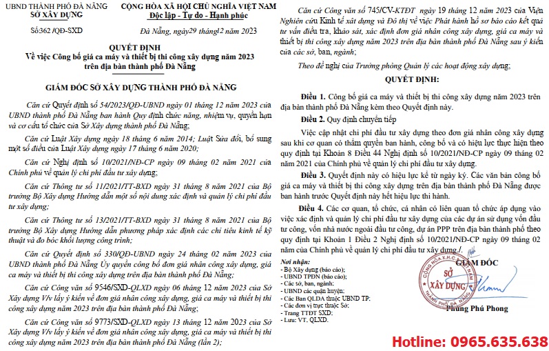 Quyết định 362/QĐ-SXD Bảng giá ca máy Đà Nẵng năm 2024
