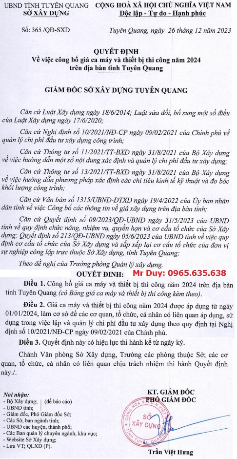 Quyết định 365/QĐ-SXD Bảng giá ca máy tỉnh Tuyên Quang năm 2024 