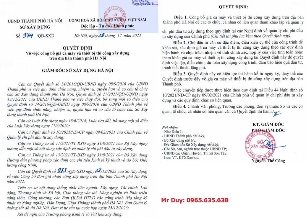 Bảng giá ca máy Hà Nội năm 2024 Quyết định 974/QĐ-SXD