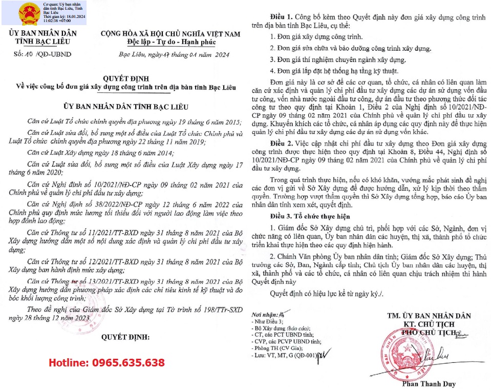 Đơn giá xây dựng tỉnh Bạc Liêu năm 2024 Quyết định 10/QĐ-UBND