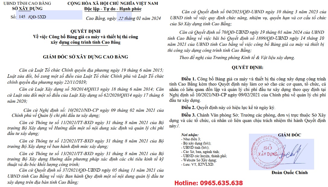 Quyết định 145/QĐ-SXD Bảng giá ca máy tỉnh Cao Bằng năm 2024