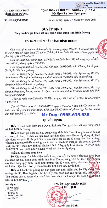 Đơn giá khảo sát tỉnh Bình Dương năm 2024 Quyết định 251/QĐ-UBND 