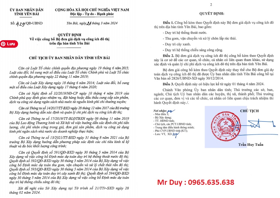 Quyết định 429/QĐ-UBND Đơn giá dịch vụ công ích Yên Bái