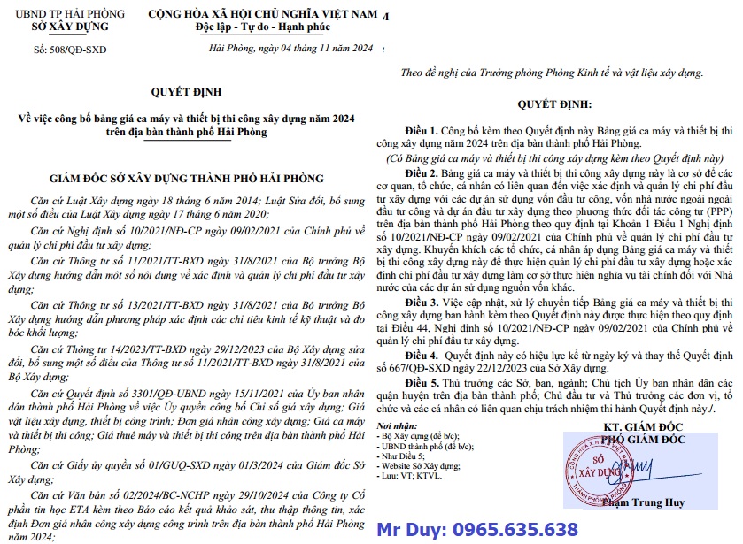 Bảng giá ca máy thiết bị thành phố Hải Phòng năm 2024 quyết định 508/QĐ-SXD