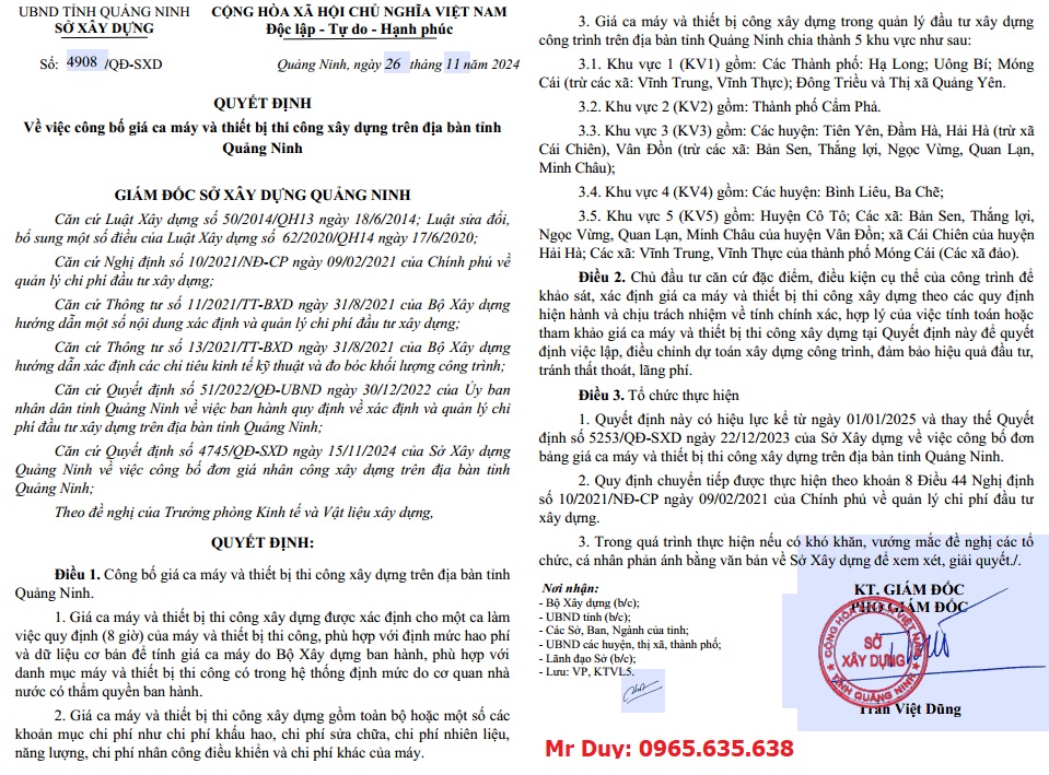 Quyết định 4908/QĐ-SXD Bảng giá ca máy tỉnh Quảng Ninh