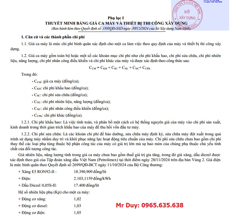 Quyết định số 188/QĐ-SXD Bảng giá ca máy tỉnh Nam Định năm 2025 