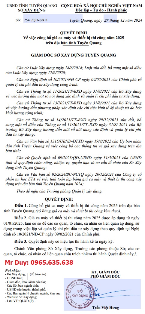 Quyết định 254/QĐ-SXD Bảng giá ca máy tỉnh Tuyên Quang năm 2025