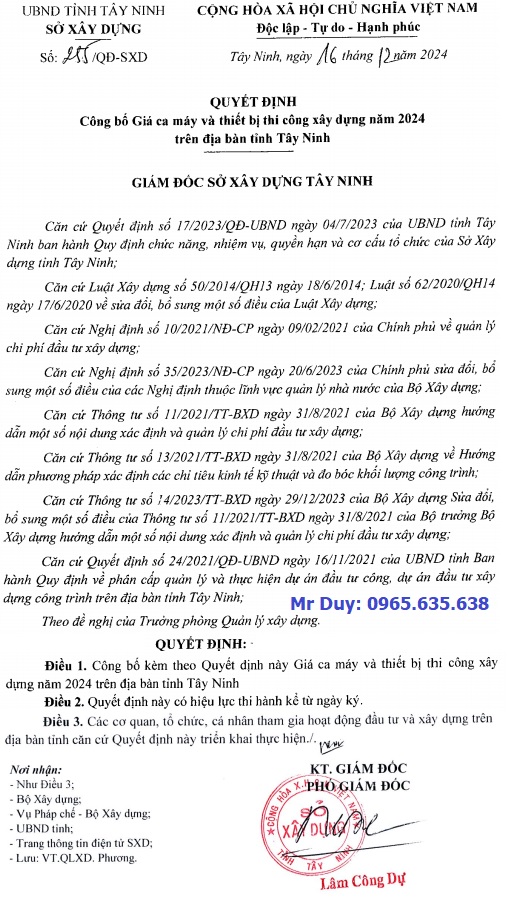 Quyết định 255/QĐ-SXD Bảng giá ca máy tỉnh Tây Ninh năm 2025