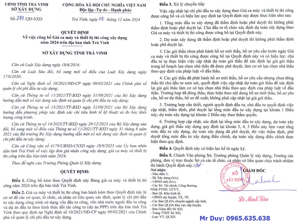 Quyết định số 271/QĐ-SXD Bảng giá ca máy tỉnh Trà Vinh năm 2025