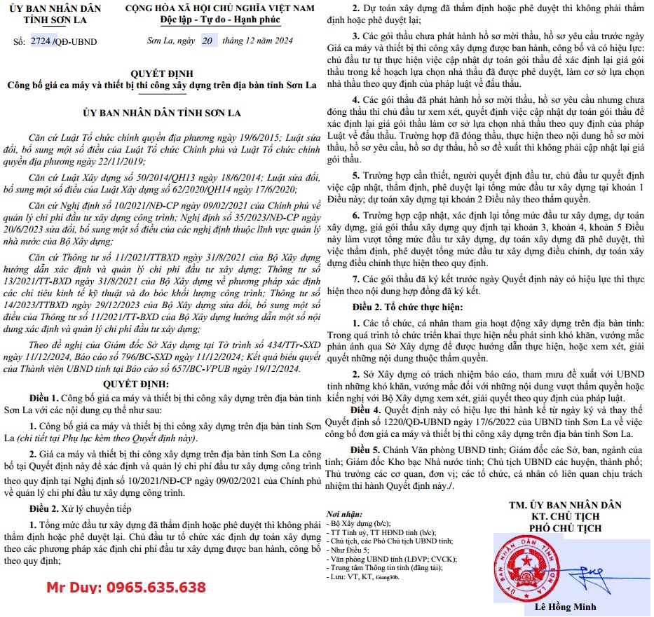 Quyết định 2724/QĐ-UBND Bảng giá ca máy tỉnh Sơn La năm 2025