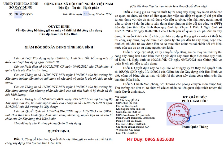 Quyết định 283/QĐ-SXD Bảng giá ca máy tỉnh Hòa Bình
