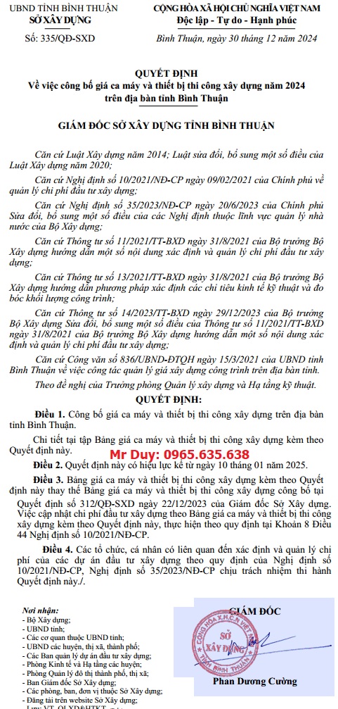 Bảng giá ca máy tỉnh Bình Thuận năm 2025 Quyết định 335/QĐ-SXD