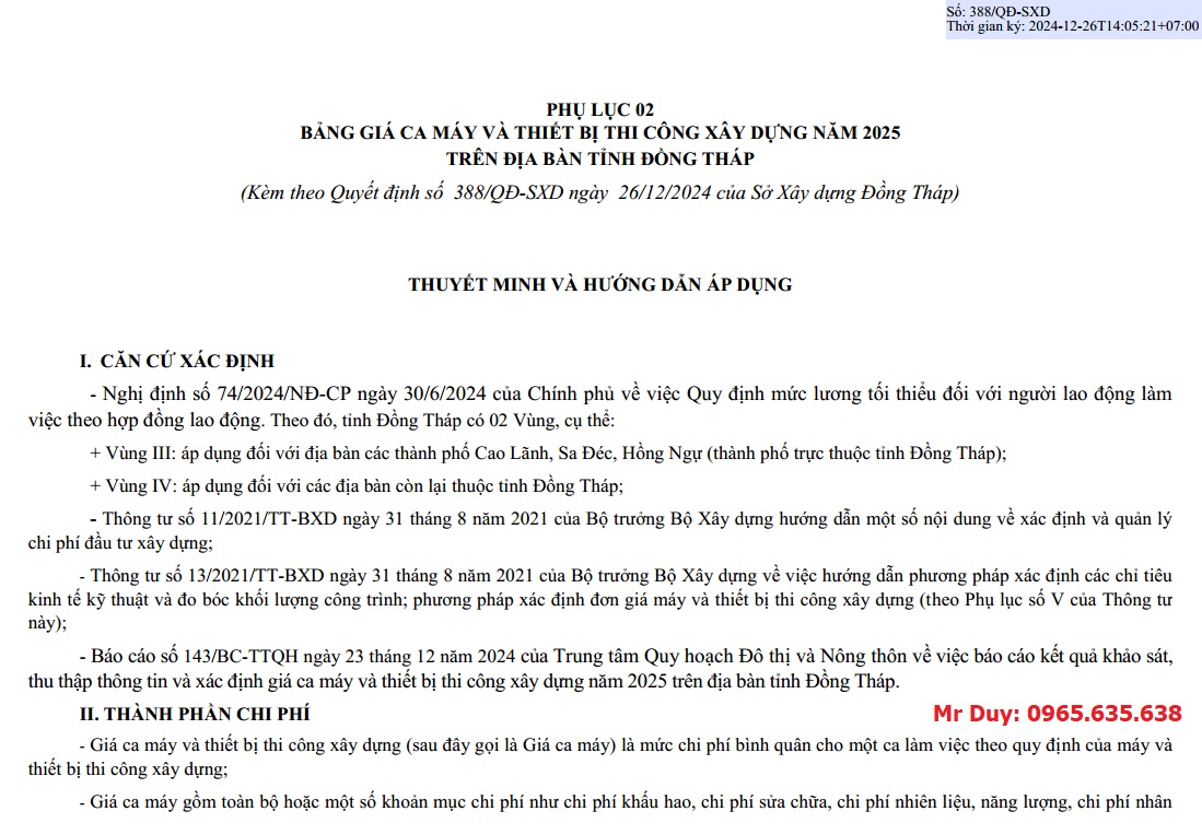 Quyết định 388/QĐ-SXD Bảng giá ca máy tỉnh Đồng Tháp năm 2025
