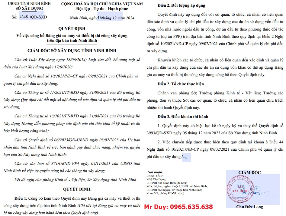 Quyết định 4348/QĐ-SXD Bảng giá ca máy tỉnh Ninh Bình năm 2025