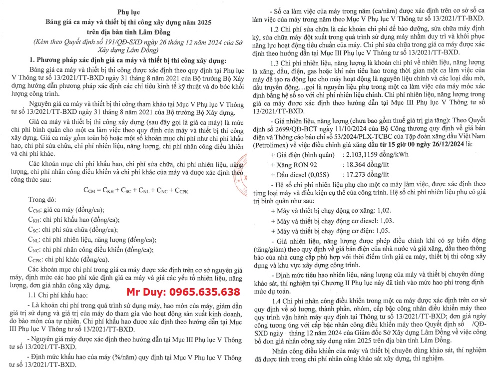 Bảng giá ca máy thiết bị tỉnh Lâm Đồng năm 2025