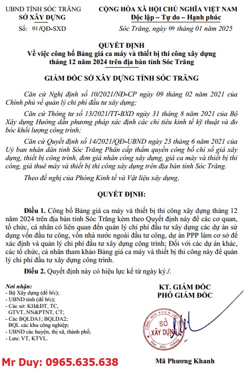 bảng giá ca máy tỉnh Sóc Trăng năm 2025