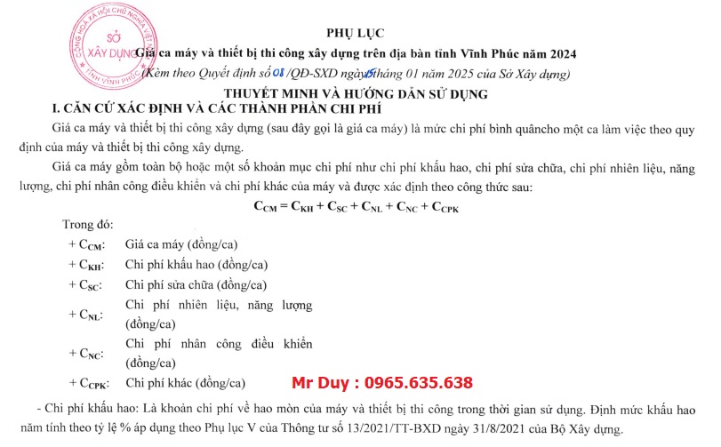 Bảng giá ca máy thiết bị tỉnh Vĩnh Phúc năm 2025