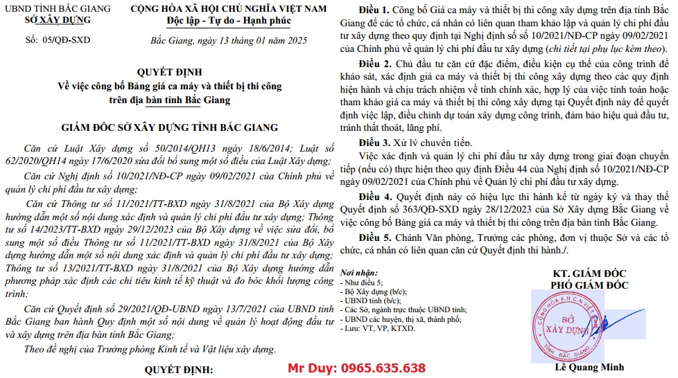 Quyết định 05/QĐ-SXD Bảng giá ca máy tỉnh Bắc Giang năm 2025