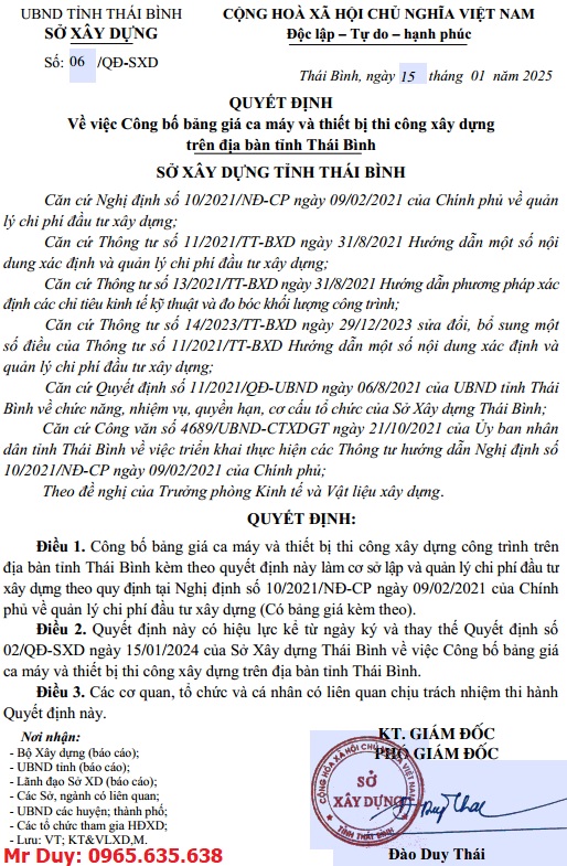 Quyết định 06/QĐ-SXD Bảng giá ca máy tỉnh Thái Bình năm 2025