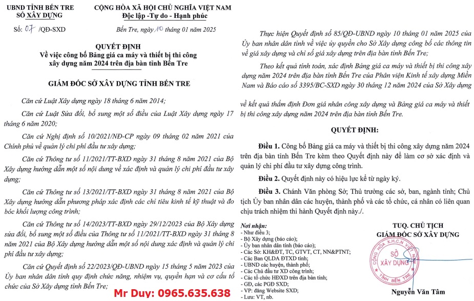 Quyết định 07/QĐ-SXD Bảng giá ca máy tỉnh Bến Tre năm 2025