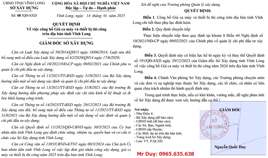 Bảng giá ca máy tỉnh Vĩnh Long năm 2025 Quyết định 08/QĐ-SXD