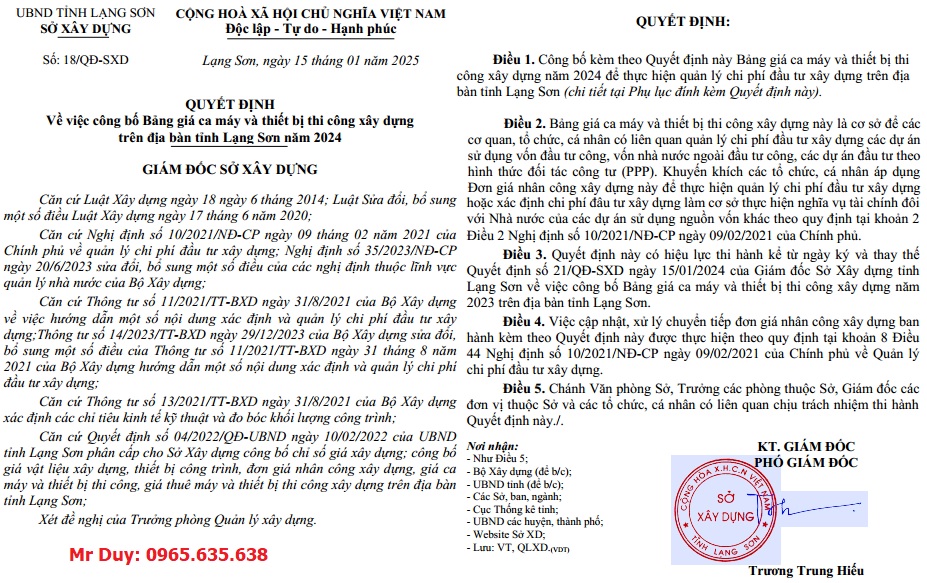 Quyết định 18/QĐ-SXD Bảng giá ca máy tỉnh Lạng Sơn năm 2025