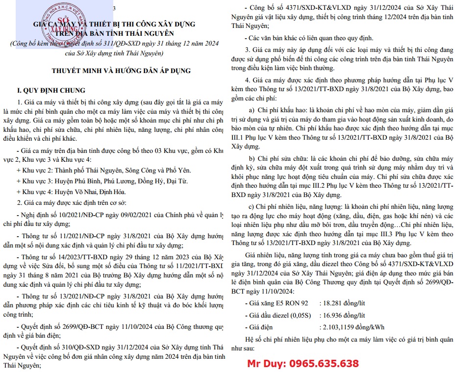 Quyết định 311/QĐ-SXD Bảng giá ca máy tỉnh Thái Nguyên năm 2025