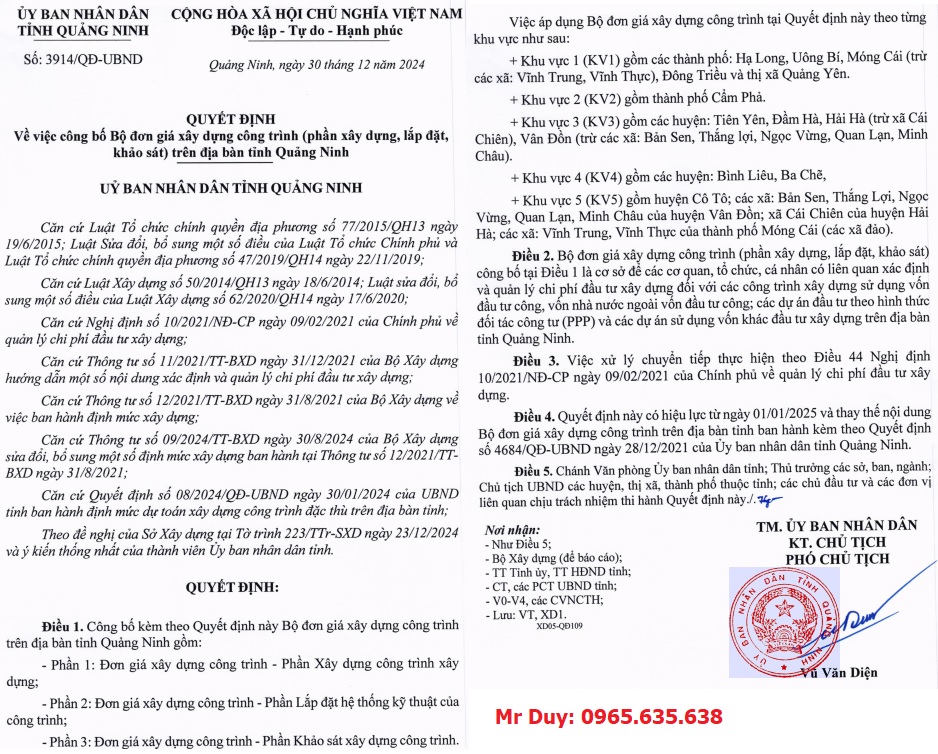 Quyết định 3914/QĐ-UBND Đơn giá xây dựng Quảng ninh năm 2025 